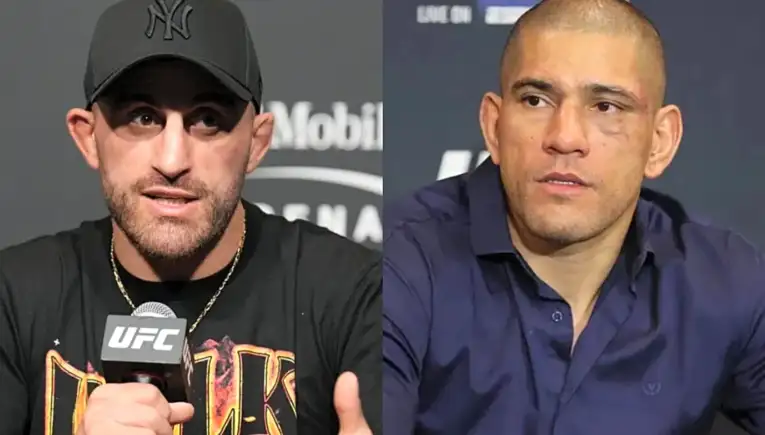 Split image of two men: left, a fighter wearing a black NY cap speaking into a UFC microphone; right, a man in a blue shirt at a press event.