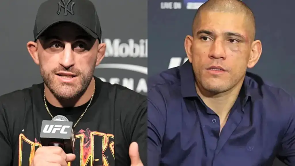 Split image of two men at a UFC press event; left man wearing a black cap and black shirt speaks into a microphone, right man in a blue shirt listens with a neutral expression.