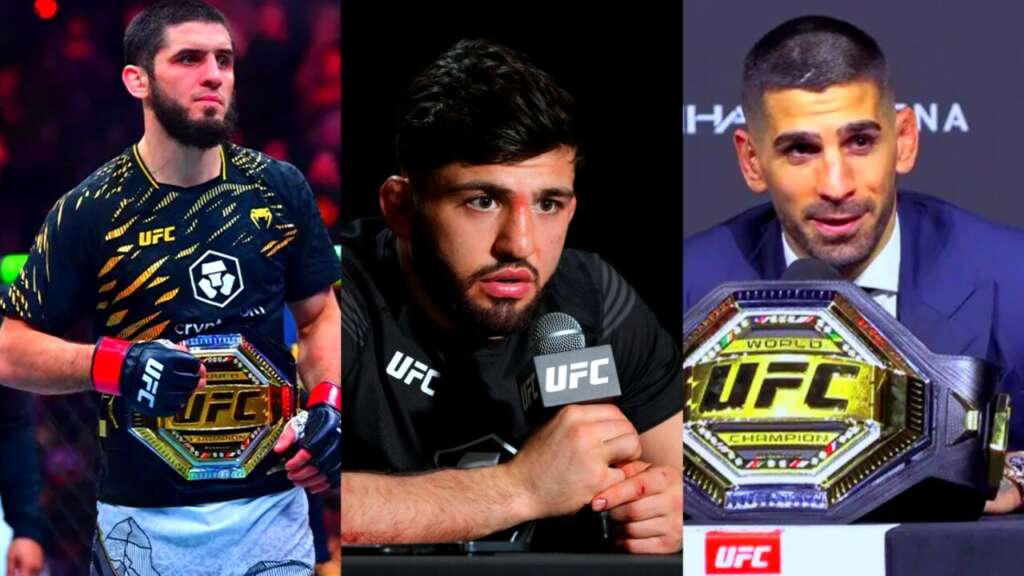 Three UFC moments: left is a bearded fighter wearing a championship belt, center a fighter speaks into a UFC microphone, right a champion with a UFC belt at a press event.