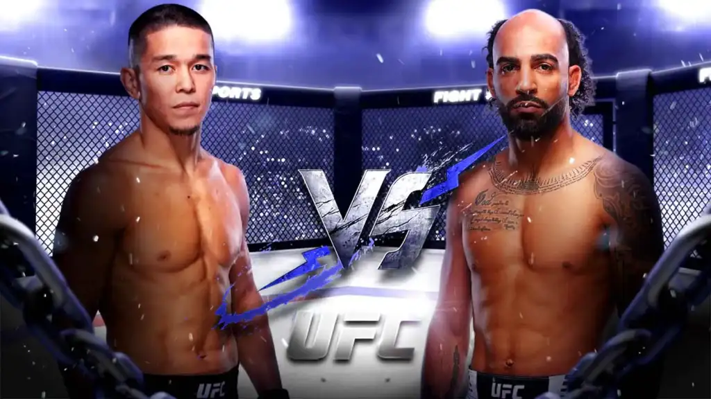 Two shirtless UFC fighters stand in an octagon facing each other with a bold VS graphic between them.