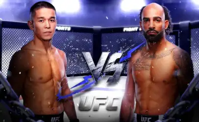 Two shirtless UFC fighters stand in an octagon facing each other with a bold VS graphic between them.
