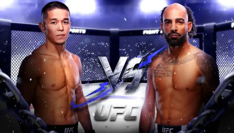 Two shirtless UFC fighters stand in an octagon facing each other with a bold VS graphic between them.