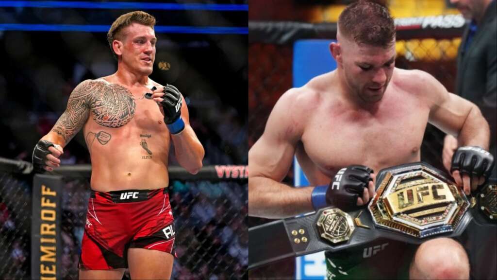 Split image of two UFC fighters: left, tattooed man in red shorts in the octagon; right, shirtless champion with UFC belt draped over his lap.