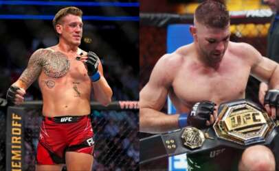 Split image of two UFC fighters: left, tattooed man in red shorts in the octagon; right, shirtless champion with UFC belt draped over his lap.