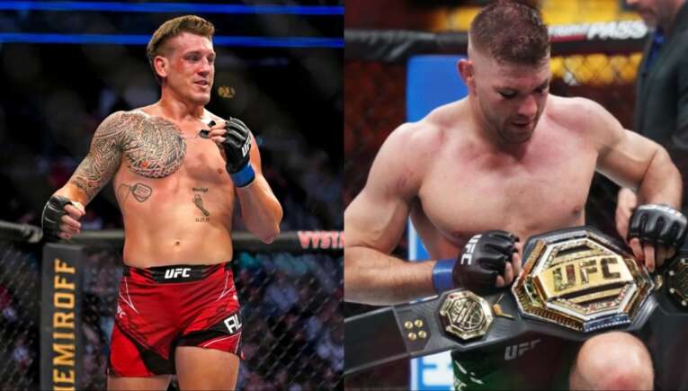 Split image of two UFC fighters: left, tattooed man in red shorts in the octagon; right, shirtless champion with UFC belt draped over his lap.