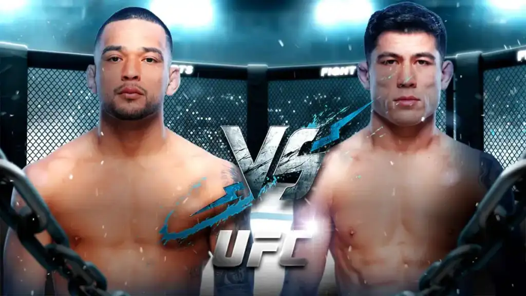 Christian-Rodriguez-vs-Hyder-Amil-prediction-odds-pick-for-UFC-Vegas-119 - AfroCombat Two shirtless male fighters face off inside a UFC octagon, with a bold VS logo between them and arena lights above.