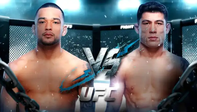 Two shirtless male fighters face off inside a UFC octagon, with a bold VS logo between them and arena lights above.