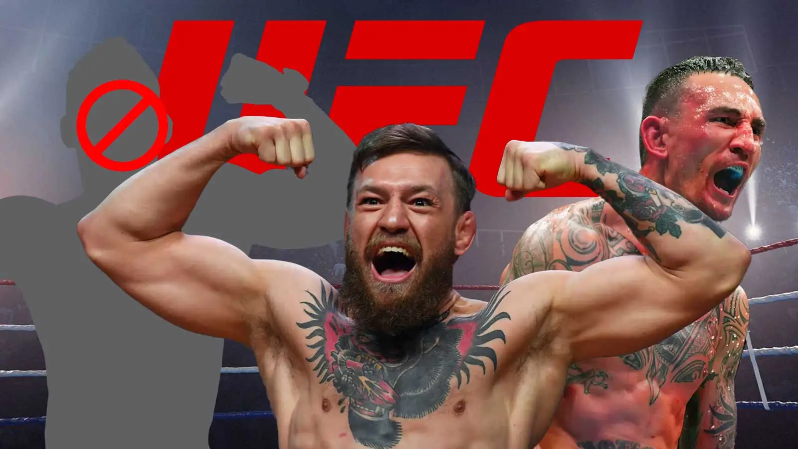 Bearded fighter in the foreground flexes his biceps and cheers inside a boxing ring, with a bold red UFC logo in the background and a tattooed teammate beside him.