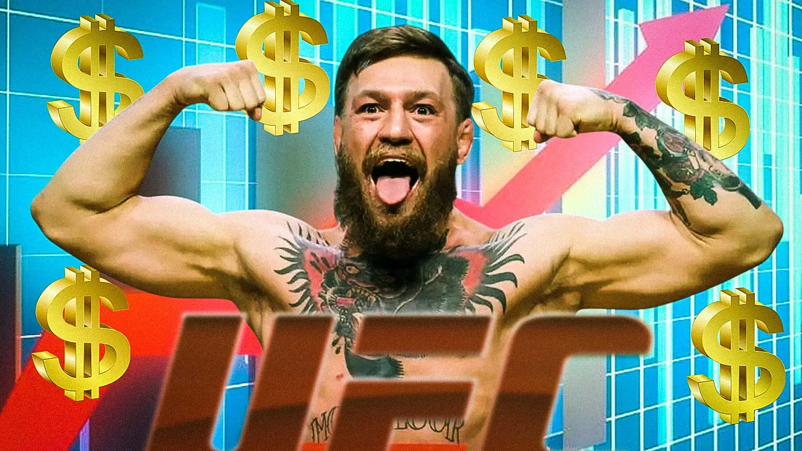 Bearded man flexing his arms and shouting in front of a stock market backdrop with a rising arrow and gold dollar icons behind him.