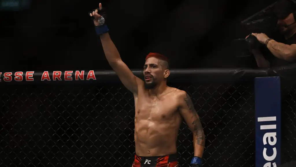 MMA fighter with red hair raises his right fist in victory inside a fenced cage, blue gloves, red shorts, tattoos visible. Behind him, a barrier reads ‘ARENA’.