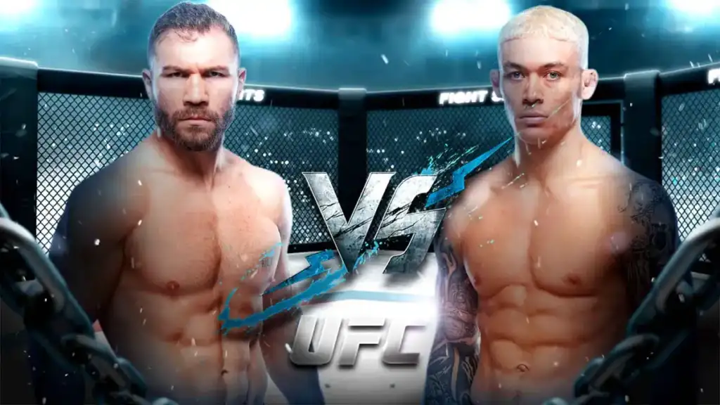 Two shirtless mixed martial artists face off inside a UFC-style cage, with a VS graphic between them.