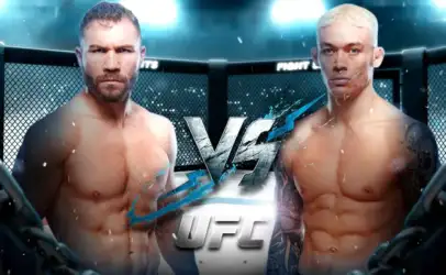 Two shirtless mixed martial artists face off inside a UFC-style cage, with a VS graphic between them.