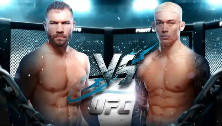 Two shirtless mixed martial artists face off inside a UFC-style cage, with a VS graphic between them.