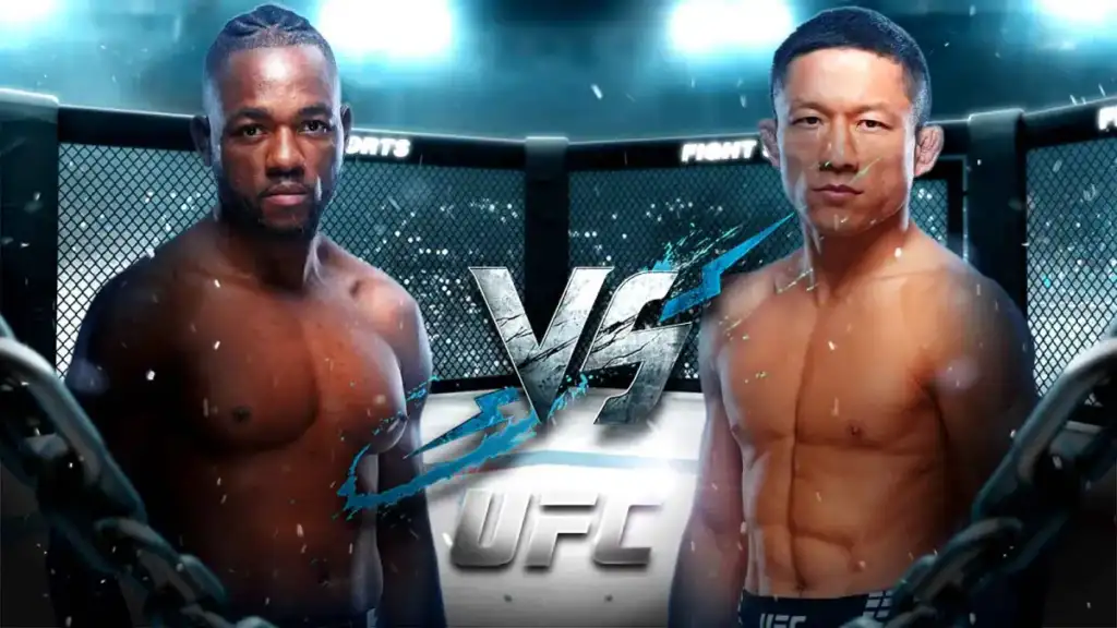 Two muscular male fighters face off inside an octagonal cage, promo banner with 'VS' and UFC branding behind them.