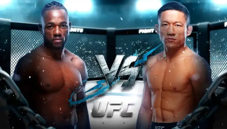 Two muscular male fighters face off inside an octagonal cage, promo banner with 'VS' and UFC branding behind them.