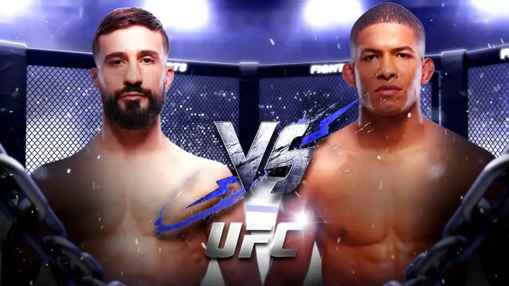 Two shirtless male mixed martial artists stand in a UFC cage facing each other with a large VS graphic between them.
