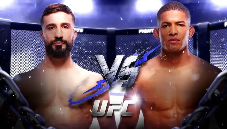 Two shirtless male mixed martial artists stand in a UFC cage facing each other with a large VS graphic between them.