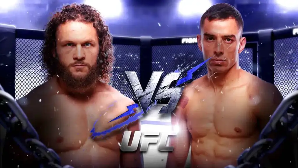 Two shirtless mixed martial artists face off inside a UFC-style cage, with a bold VS graphic and UFC logo between them on the canvas.