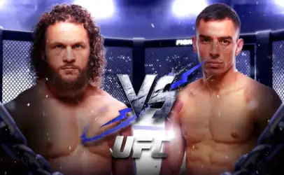 Two shirtless mixed martial artists face off inside a UFC-style cage, with a bold VS graphic and UFC logo between them on the canvas.