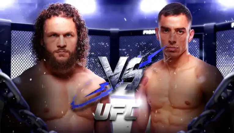 Two shirtless mixed martial artists face off inside a UFC-style cage, with a bold VS graphic and UFC logo between them on the canvas.