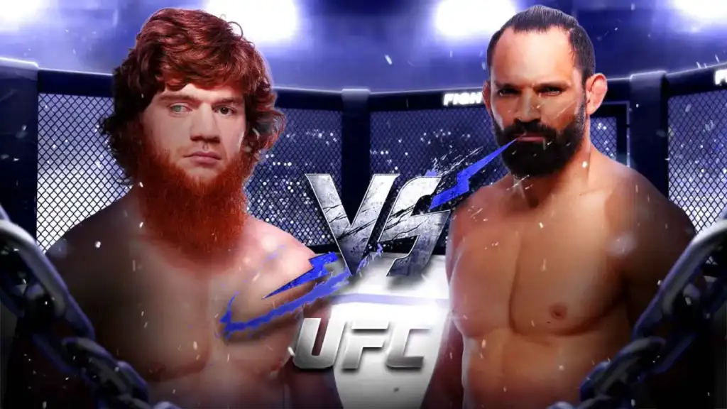 Poster-style image showing two shirtless male fighters facing off inside a steel cage, with a bold 'VS UFC' graphic between them.
