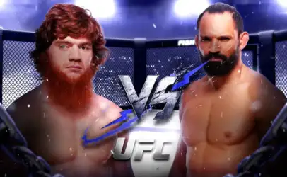 Poster-style image showing two shirtless male fighters facing off inside a steel cage, with a bold 'VS UFC' graphic between them.