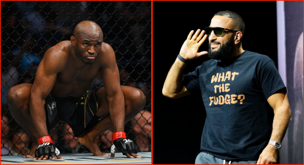 Split-panel image: left side shows a shirtless male mixed martial artist kneeling inside a cage, gloves on, focused gaze. Right side shows a bearded man in sunglasses and a dark t‑shirt that says 'WHAT THE FUDGE?', raising a hand to his ear as if listening.