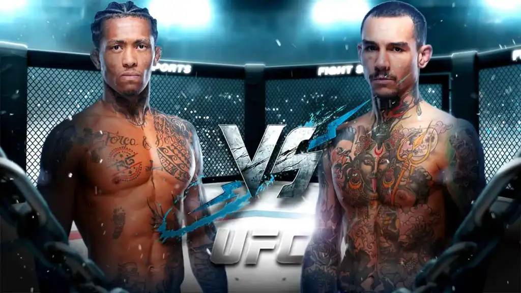Two tattooed male fighters stand shirtless in a UFC octagon, facing off for a match.