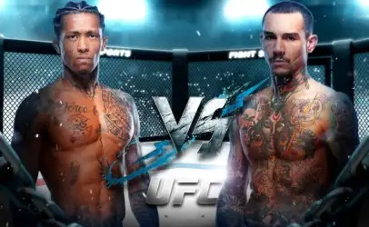 Two tattooed male fighters stand shirtless in a UFC octagon, facing off for a match.