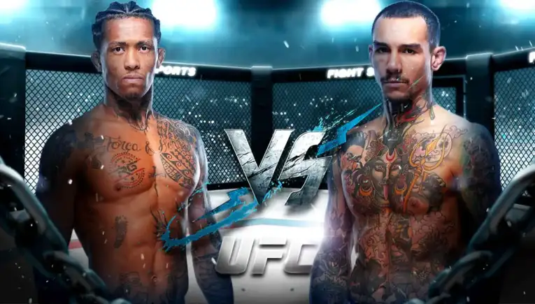 Two tattooed male fighters stand shirtless in a UFC octagon, facing off for a match.