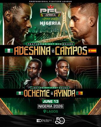 Promotional poster for PFL Africa Nigeria boxing event with Adesanya vs Campos and Ocheme vs Ayinda, Lagos, June 13, 2026.