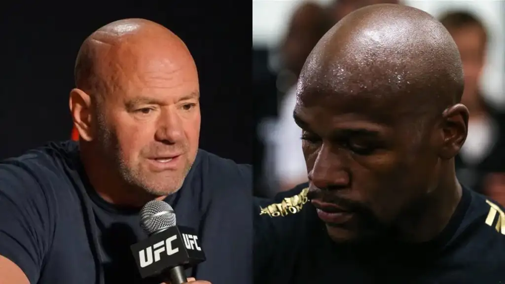 Side-by-side image of two men in a UFC setting: the left man speaks into a UFC microphone, the right man looks downward in contemplation.