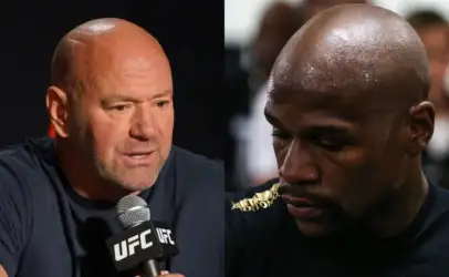 Side-by-side image of two men in a UFC setting: the left man speaks into a UFC microphone, the right man looks downward in contemplation.