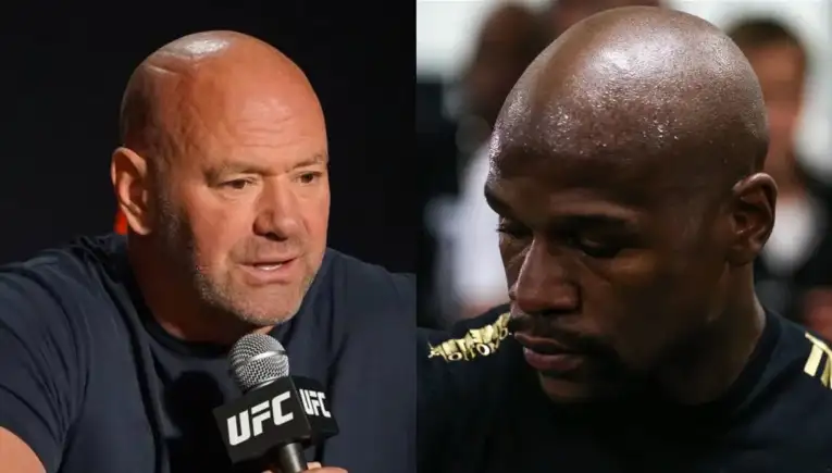 Side-by-side image of two men in a UFC setting: the left man speaks into a UFC microphone, the right man looks downward in contemplation.
