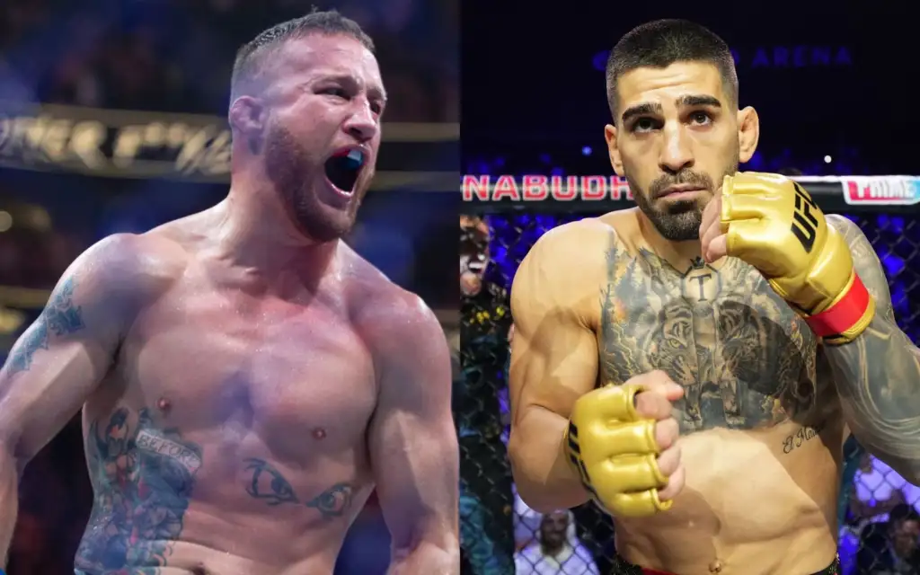 Two shirtless male fighters in a cage; left fighter screams with mouth open, right fighter wears yellow gloves and looks focused with tattoos.