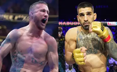 Two shirtless male fighters in a cage; left fighter screams with mouth open, right fighter wears yellow gloves and looks focused with tattoos.