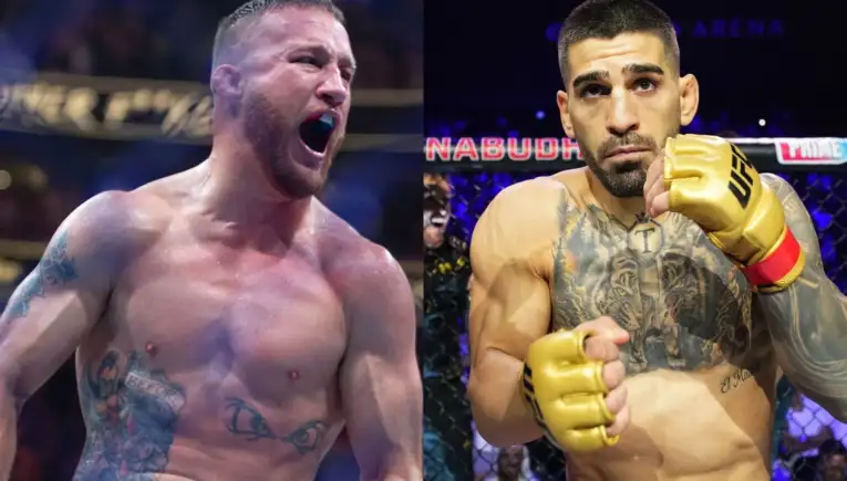 Two shirtless male fighters in a cage; left fighter screams with mouth open, right fighter wears yellow gloves and looks focused with tattoos.