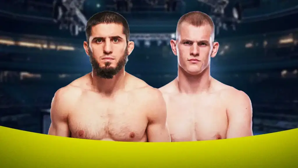 Two shirtless male fighters stand side by side in a stadium, ready for a bout.