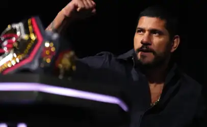 Male wrestler with a raised fist, gazing off to the right, championship belt visible in the foreground by stage lights.