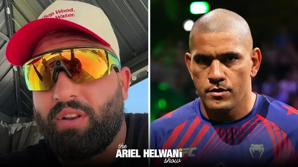 jhap_8812 - AfroCombat Split-screen thumbnail: left close-up of a man wearing a red-and-beige cap and mirrored sunglasses, right side shows a serious MMA fighter in a blue and red shirt, with 'the Ariel Helwani show' logo at the bottom.