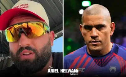 Split-screen thumbnail: left close-up of a man wearing a red-and-beige cap and mirrored sunglasses, right side shows a serious MMA fighter in a blue and red shirt, with 'the Ariel Helwani show' logo at the bottom.