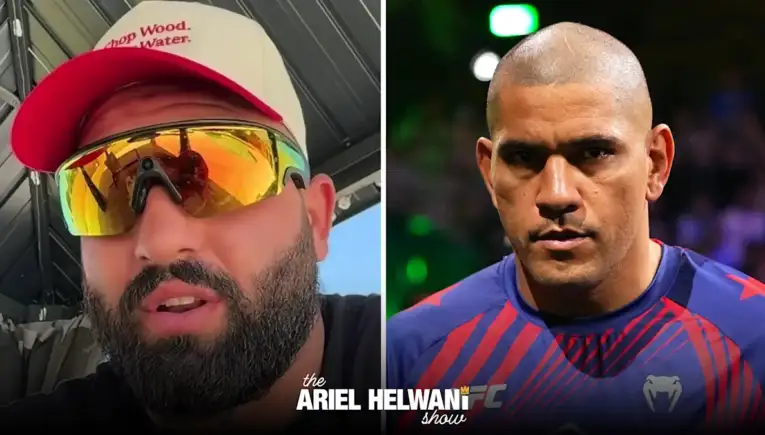 Split-screen thumbnail: left close-up of a man wearing a red-and-beige cap and mirrored sunglasses, right side shows a serious MMA fighter in a blue and red shirt, with 'the Ariel Helwani show' logo at the bottom.