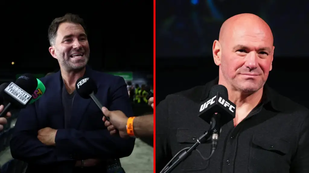 Split-screen interview scene: left man in a navy blazer smiles as reporters hold microphones toward him; right man with a shaved head speaks into a UFC-branded mic.
