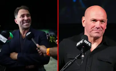 Split-screen interview scene: left man in a navy blazer smiles as reporters hold microphones toward him; right man with a shaved head speaks into a UFC-branded mic.
