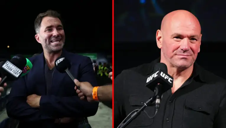 Split-screen interview scene: left man in a navy blazer smiles as reporters hold microphones toward him; right man with a shaved head speaks into a UFC-branded mic.