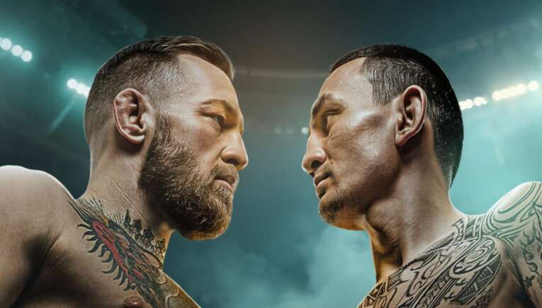 Two tattooed men face off shirtless in a stadium, intense stare-down under bright arena lights.