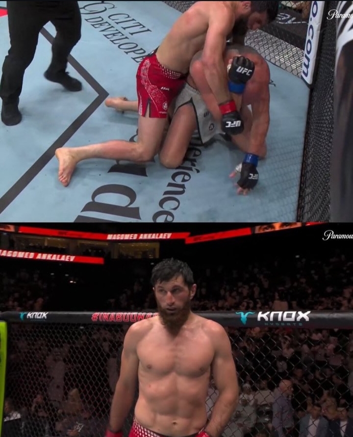 Split-screen of a UFC fight: top panel shows two fighters grappling on the mat, one in red trunks on top; bottom panel shows a shirtless fighter in red shorts standing inside the cage.