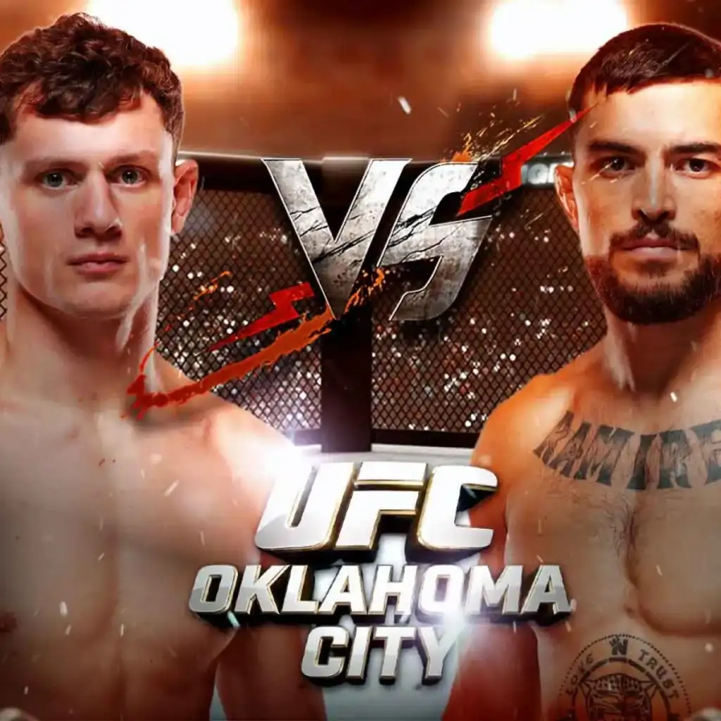 Two shirtless male MMA fighters face off inside a fenced octagon with 'UFC OKLAHOMA CITY' text.