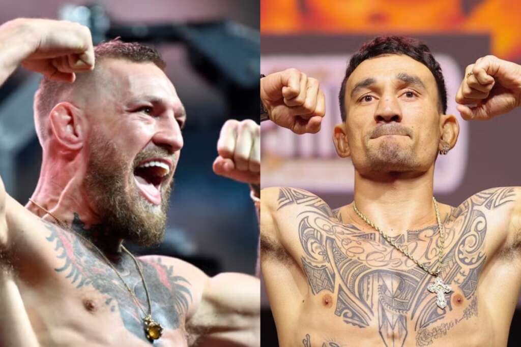 Two shirtless men with tattoos flexing their arms in celebration, split-screen side by side in a competitive event setting, fists raised in triumph.
