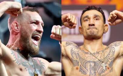 Two shirtless men with tattoos flexing their arms in celebration, split-screen side by side in a competitive event setting, fists raised in triumph.